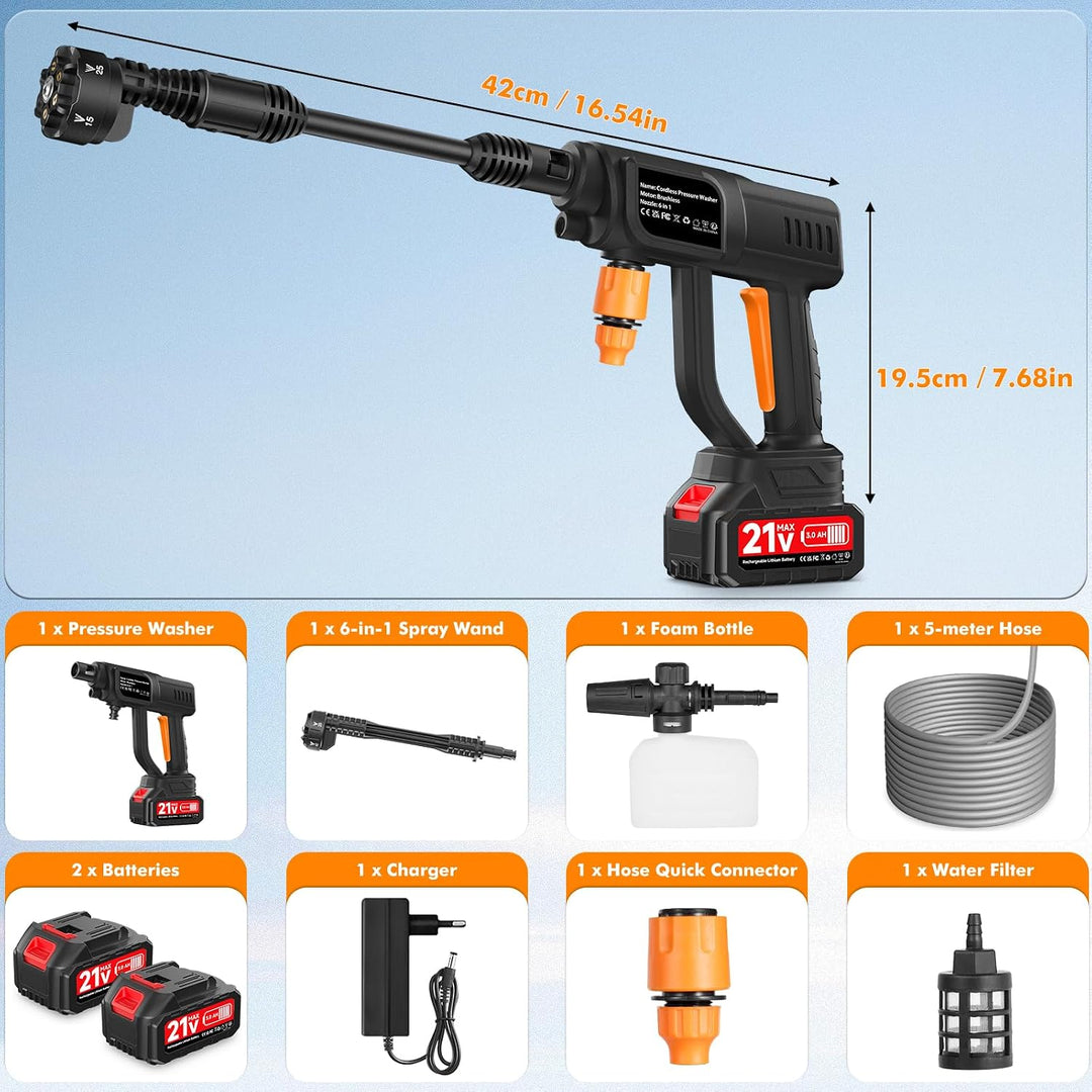 Akku Hochdruckreiniger 21V, 120 Bar Mobiler Druckreiniger mit 2 x 3,0Ah Akku, Bürstenloser Motor, 6-