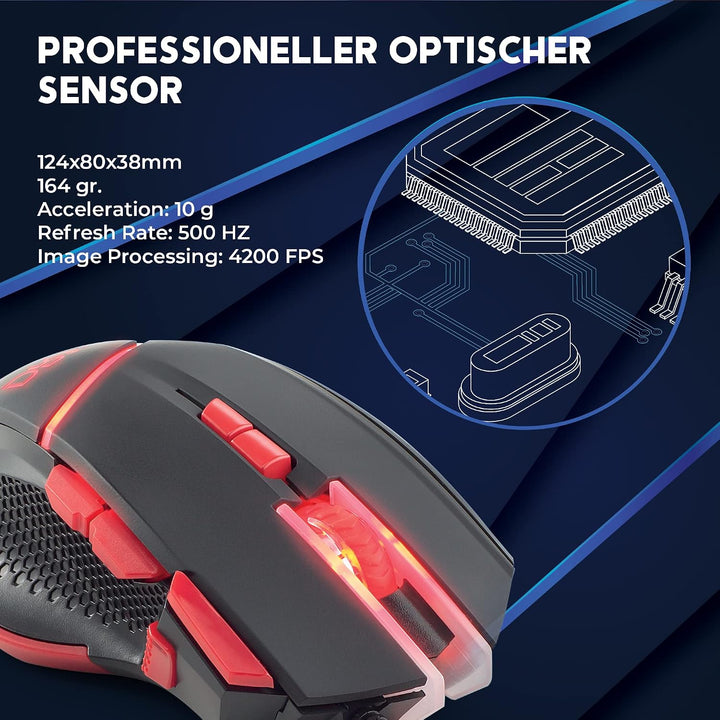 DR1TECH Hunter+ Professional Gaming Maus Mit Kabel [5 Auswechselbare Gewichte + Triple FIRE] - 9 Tas