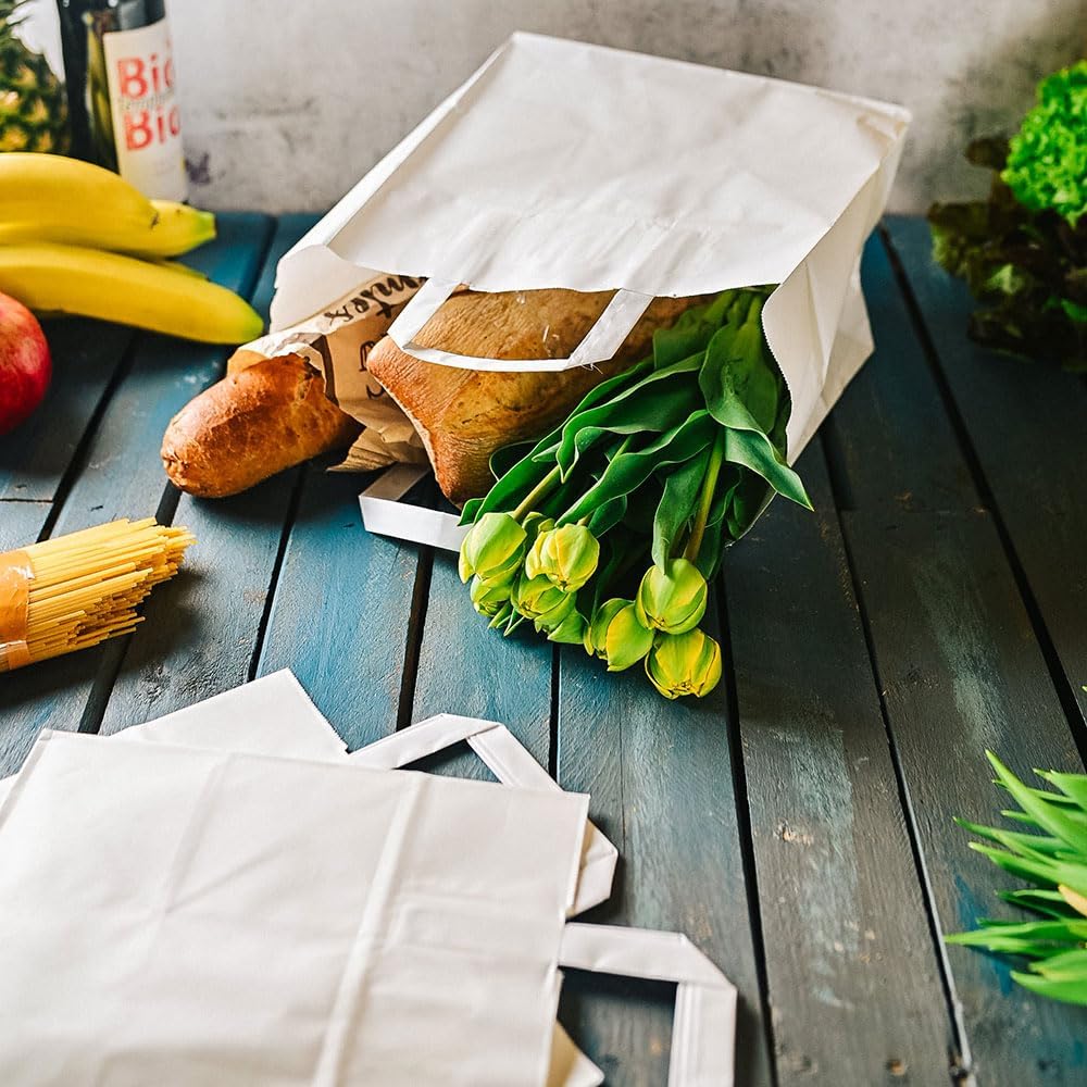 BIOZOYG weisse Papiertüten mit Griff I umweltschonende Papiertüte aus Kraftpapier I Geschenktüte bio