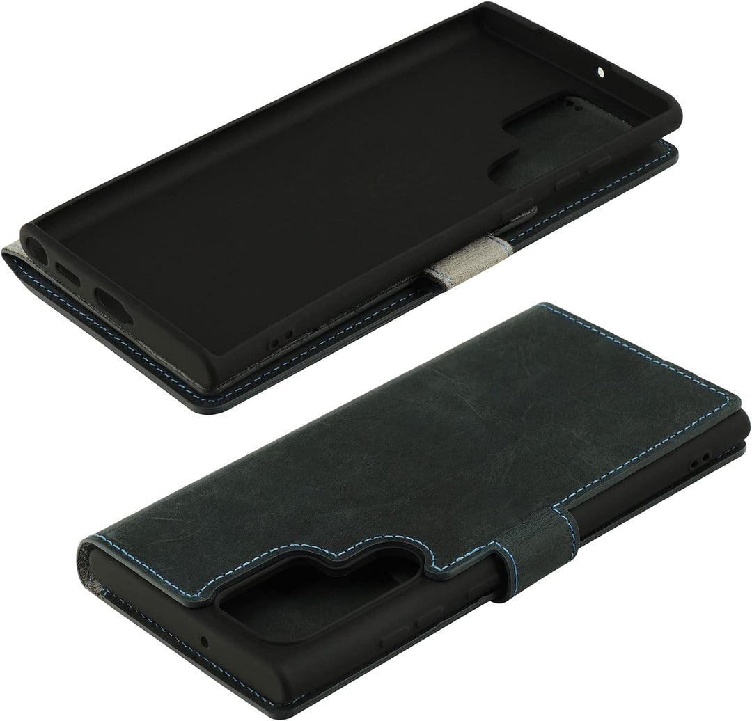 Suncase Book-Style Hülle kompatibel mit Samsung Galaxy S22 Ultra 5G Leder Tasche (Slim-Fit) Lederhül