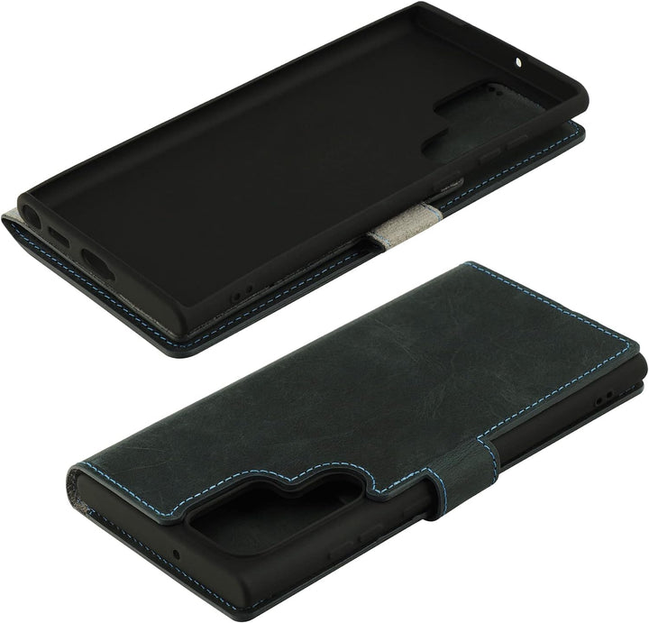 Suncase Book-Style Hülle kompatibel mit Samsung Galaxy S22 Ultra 5G Leder Tasche (Slim-Fit) Lederhül