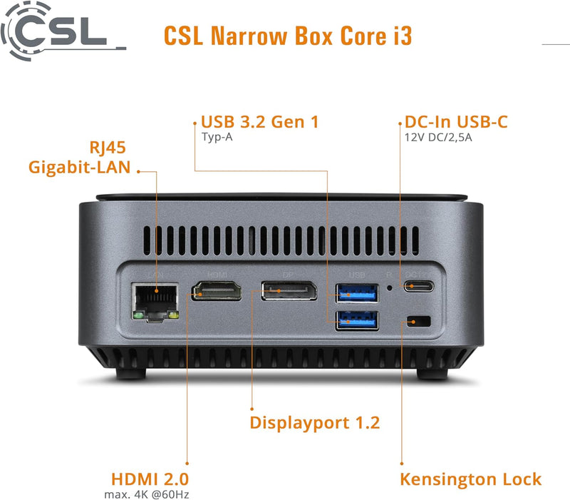 Mini PC CSL Narrow Box Core i3 Windows 11 Home, Intel Core i3-N305 8X 3800 MHz Turbotakt, 500 GB M.2