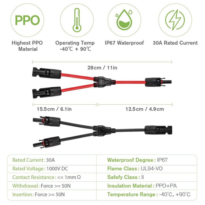 URAQT Solarkabel Y Verteiler, 6 mm² Solarkabel Y2 Solar Cable Wasserdicht Y Splitter 10AWG Plug & Pl