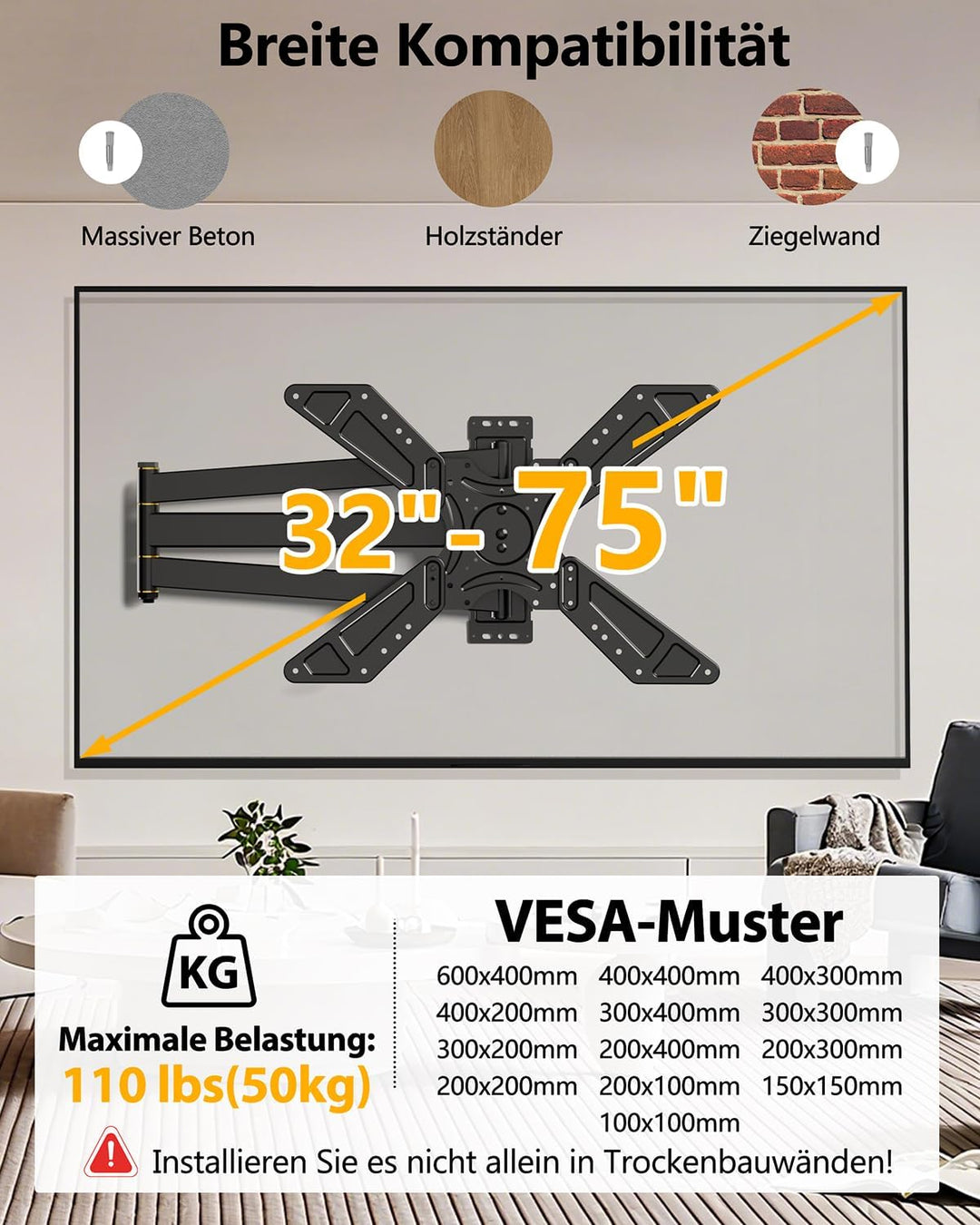 TV Wandhalterung Schwenkbar für 32-75 Zoll Fernseher, 180° Drehung von Querformat zu Hochformat Ecke