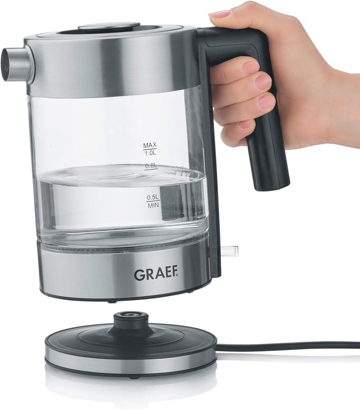 GRAEF Glaswasserkocher WK300 - Wasserkocher 1 Liter, Hochwertiges Design, SCHOTT DURAN Glas, Edelsta