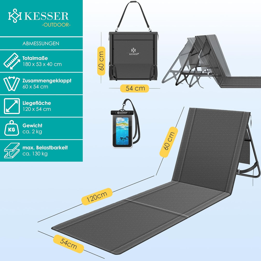 KESSER® Klappbare Strandmatte mit Verstellbarer Rückenlehne – Faltbare Strandliege mit Tragegurt, wa