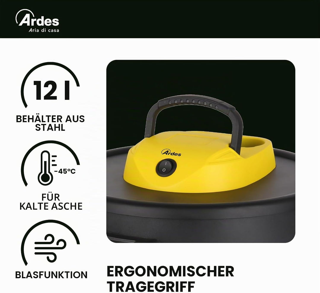 ARDES - AR4A12 ASHPIRO 12 Professioneller Aschesauger, 12-l-Behälter, waschbarer Vliesfilter, Asches