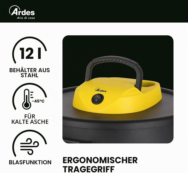 ARDES - AR4A12 ASHPIRO 12 Professioneller Aschesauger, 12-l-Behälter, waschbarer Vliesfilter, Asches