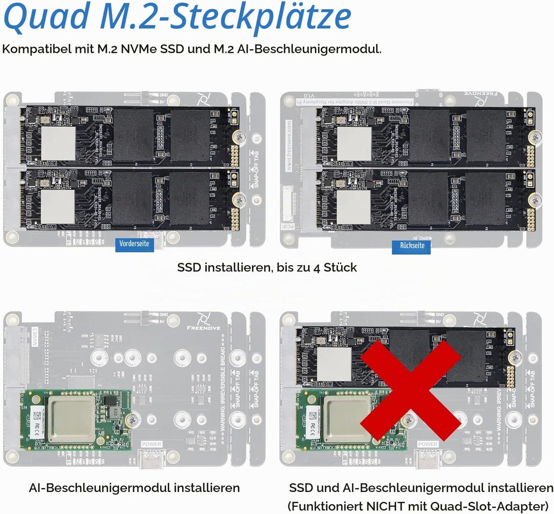 FREENOVE Quad M.2 NVMe SSD HAT for Raspberry Pi 5, M.2 Adapter AI HAT 4 Slots NAS RAID Kit, Solid St