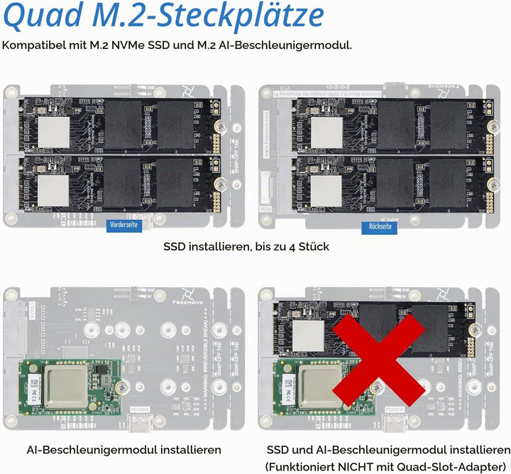 FREENOVE Quad M.2 NVMe SSD HAT for Raspberry Pi 5, M.2 Adapter AI HAT 4 Slots NAS RAID Kit, Solid St