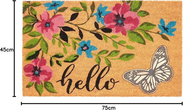 BRUBAKER Fussmatte für Aussen und Innen - 3D Schmetterling mit Blumen und Hello - 45 x 75 cm Schmutz