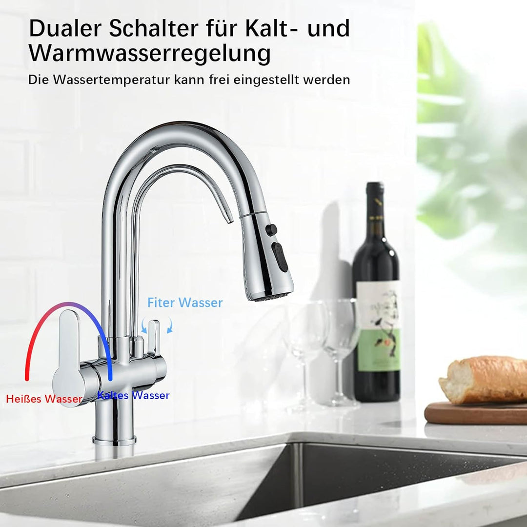 Onyzpily Wasserhahn Küche Reines Wasser Küchenarmatur mit ausziehbar Doppelgriff Heisses und kaltes