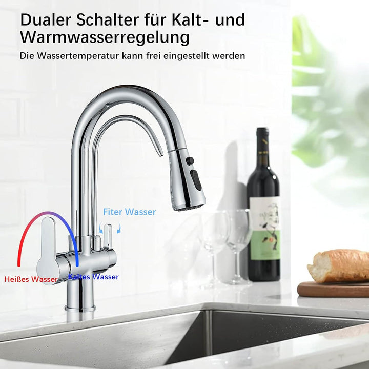 Onyzpily Wasserhahn Küche Reines Wasser Küchenarmatur mit ausziehbar Doppelgriff Heisses und kaltes