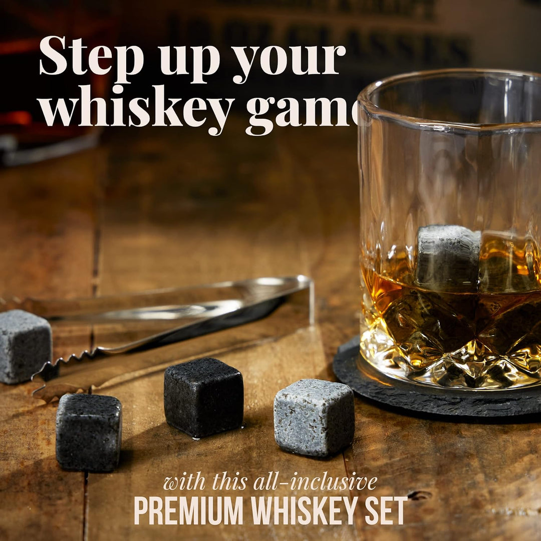Mixology & Craft Whiskey Stones Geschenkset für Männer - 2 Gläser, 8 Kühlsteine & Holzkiste - Whiske
