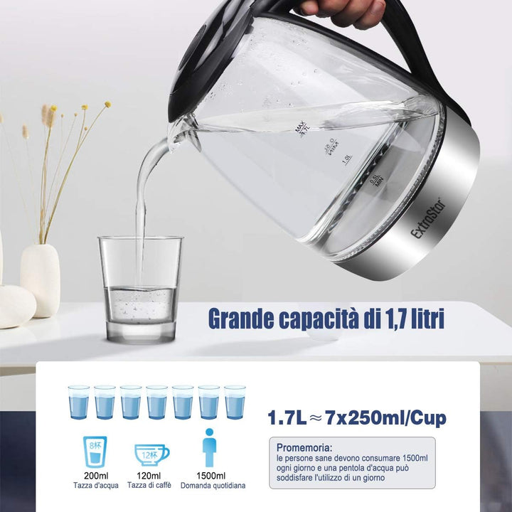 EXTRASTAR Elektrischer Wasserkocher aus Wasserglas mit blauem LED-Licht, bpa, automatischer Abschalt