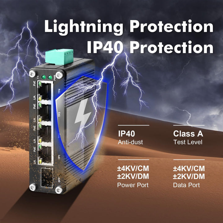 MokerLink 5 Port Gigabit Industrial Solar Battery UPS PoE Switch, Eingang DC9V-54V to Ausgang DC48V,