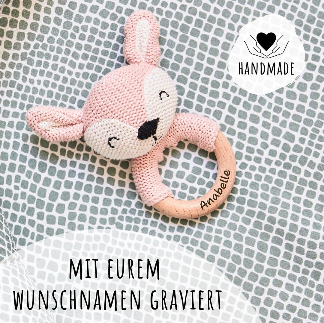 Personalisierter Beissring aus Holz für Babys - Niedlicher Greifling mit Name - Babyrassel und schön