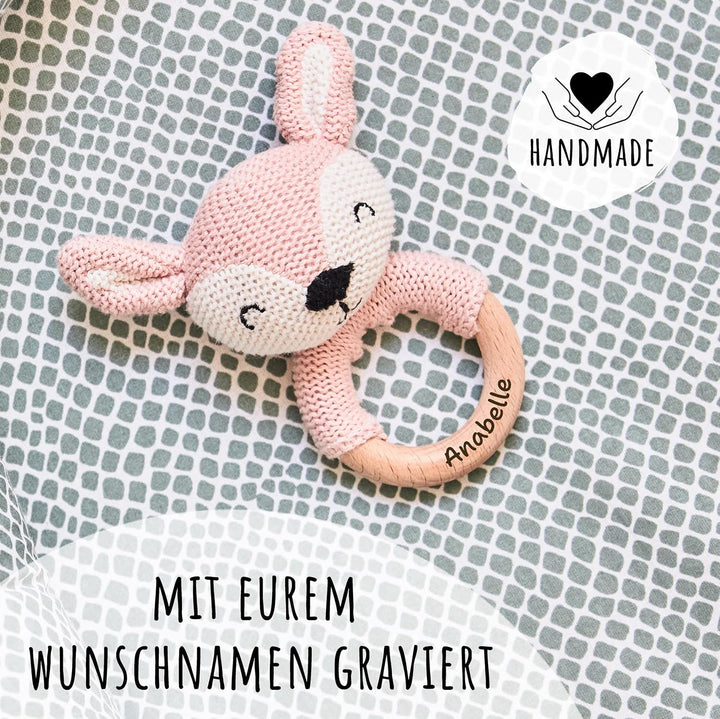 Personalisierter Beissring aus Holz für Babys - Niedlicher Greifling mit Name - Babyrassel und schön
