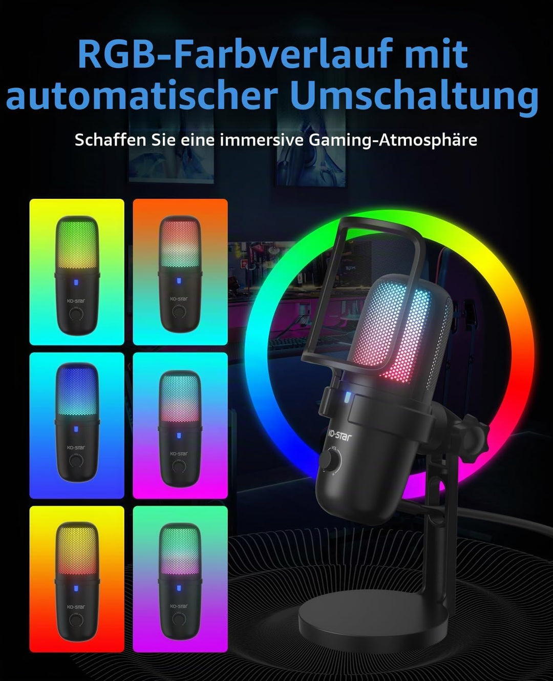 USB Gaming Mikrofon für PC, RGB Kondensator Mikrofon mit Adapter für Handy,Stumm/Gain, Anti-Plosive