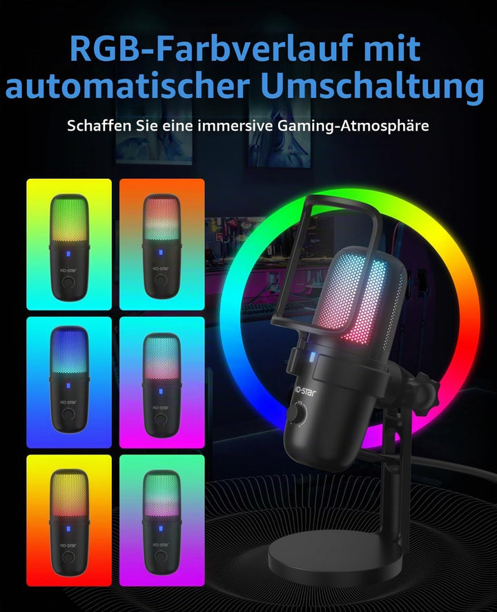 USB Gaming Mikrofon für PC, RGB Kondensator Mikrofon mit Adapter für Handy,Stumm/Gain, Anti-Plosive