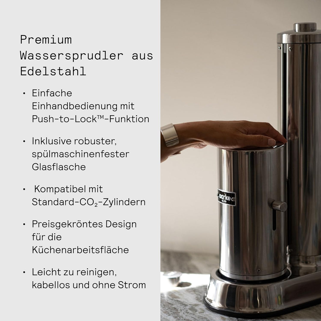 Aarke Carbonator Pro, Wassersprudler mit Glasflasche, Edelstahl Finish, Edelstahl