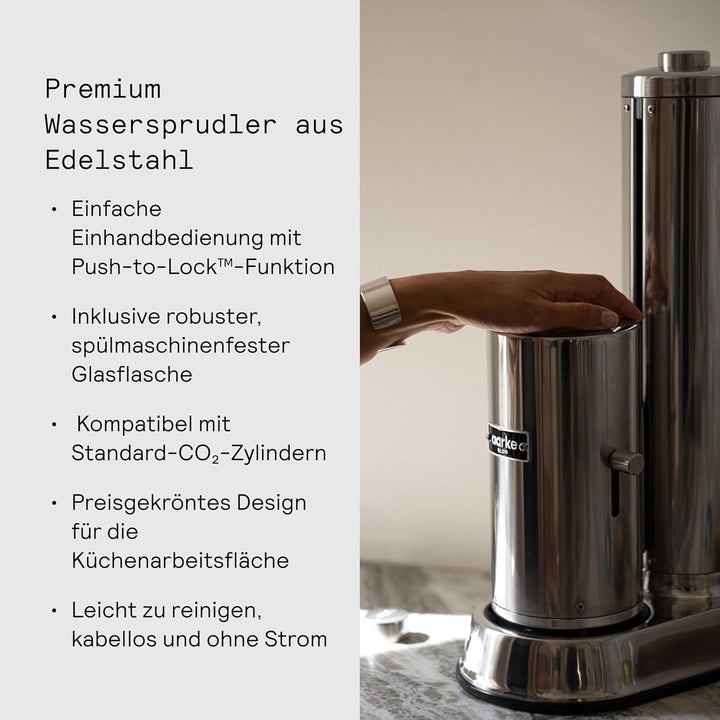 Aarke Carbonator Pro, Wassersprudler mit Glasflasche, Edelstahl Finish, Edelstahl