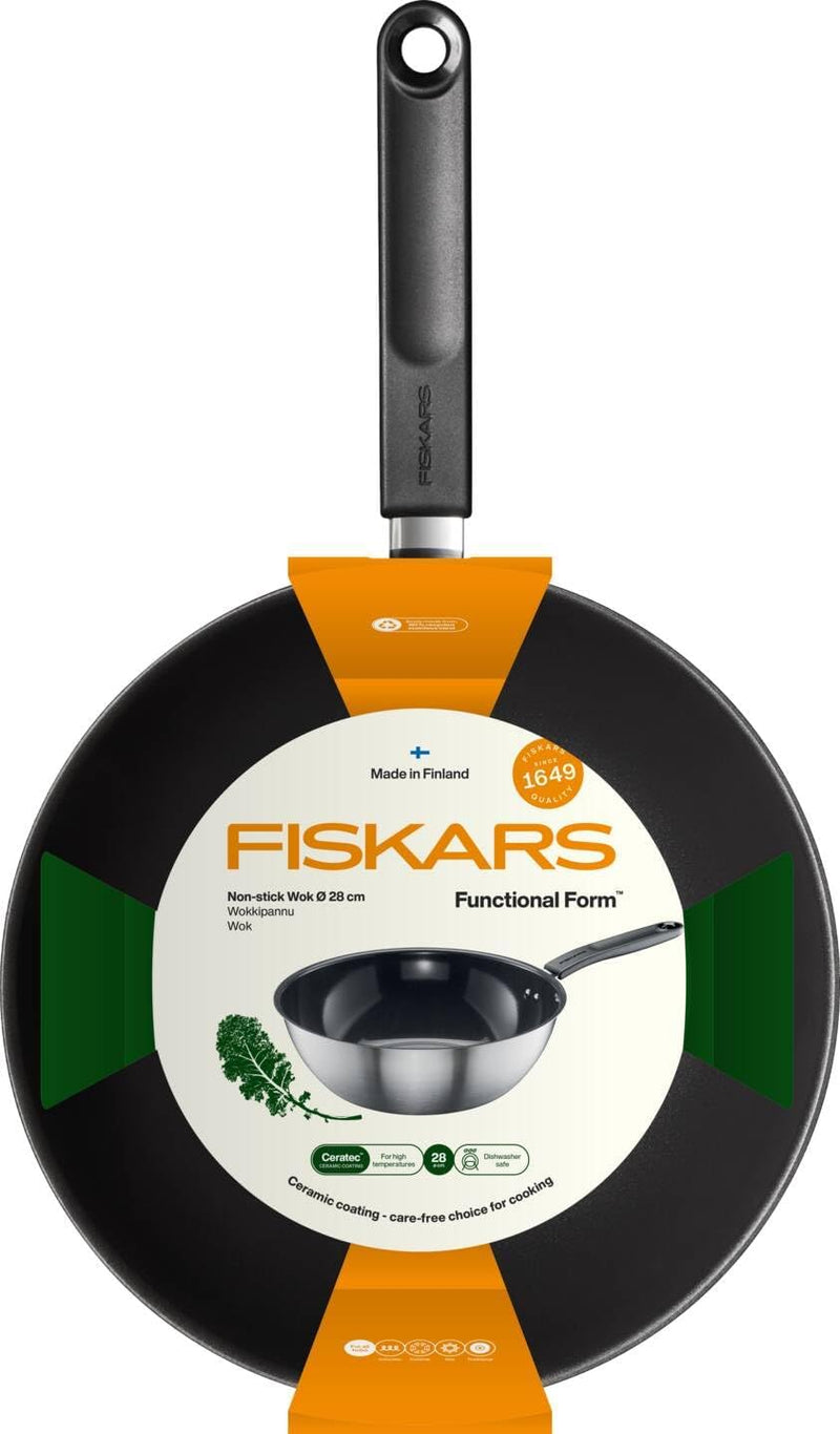 Fiskars Wok, Ø 28 cm, Beschichtete Pfanne, Für alle Kochfelder geeignet, Recycelter Edelstahl, Funct