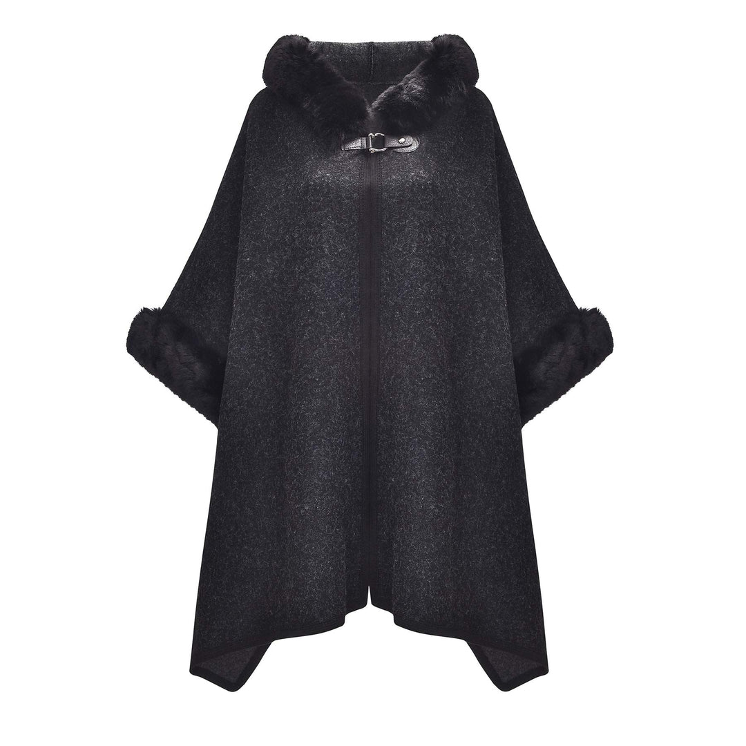 ZLYC Damen Winter Umhang Strickjacke Warm Kunstpelz Mäntel Poncho Cape mit Kapuze Einheitsgrösse Sch