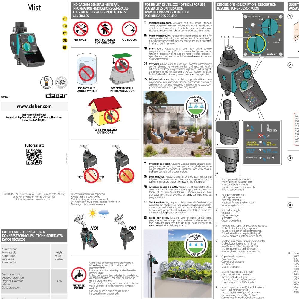 Claber Kit Happy Fresh Evolution 12 m mit Bewässerungscomputer, Kühlung Sprühnebel-Kit