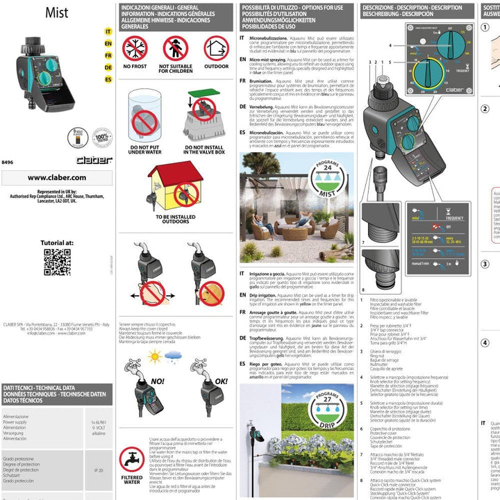 Claber Kit Happy Fresh Evolution 12 m mit Bewässerungscomputer, Kühlung Sprühnebel-Kit