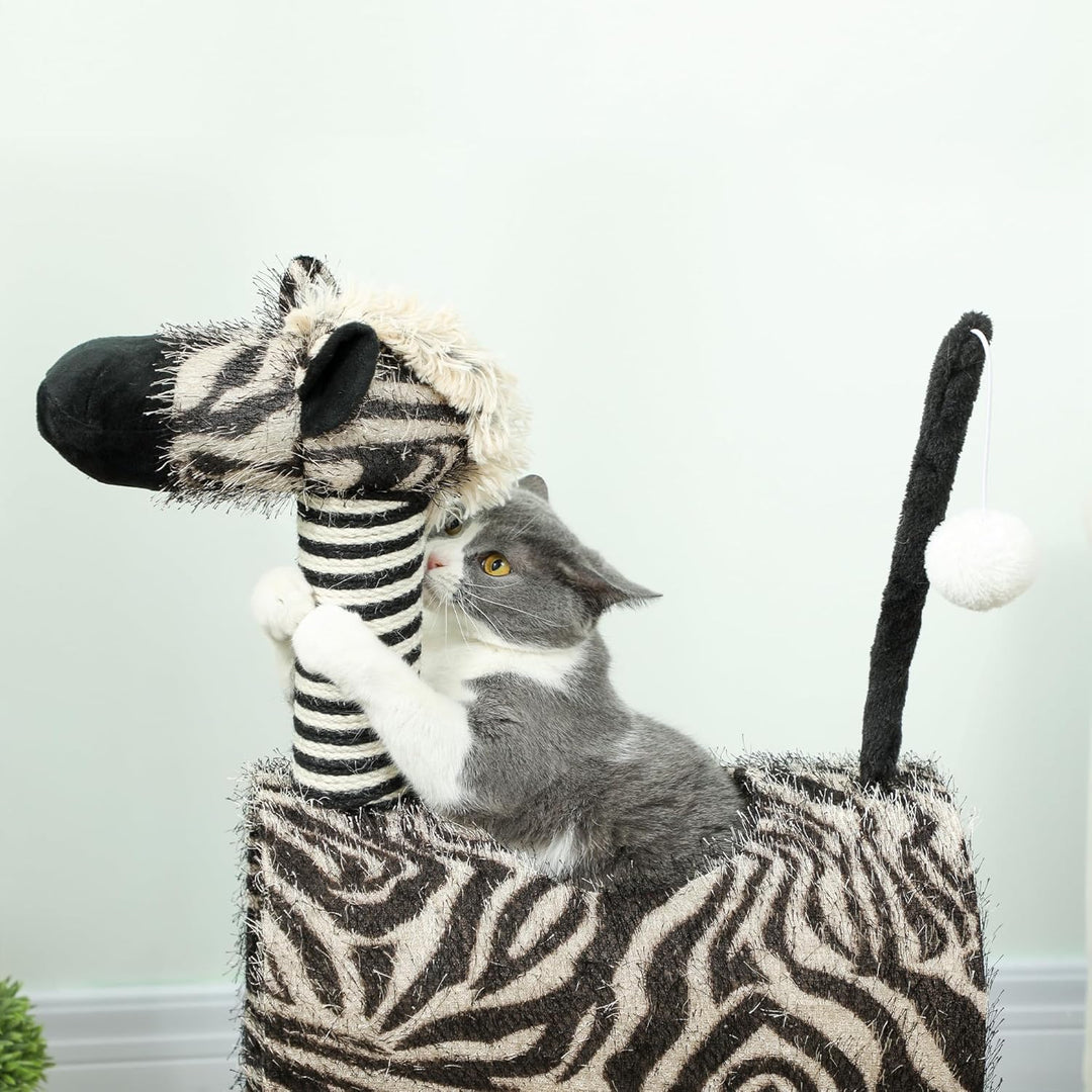 PawHut Kratzbaum 93 cm Katzenturm im Zebra-Design mit Katzentunnel, Plüschball, Jutepfosten, mehrstö