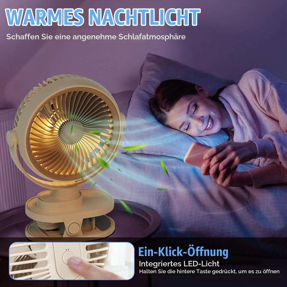 Camping Ventilator mit LED Nachtlicht , Wiederaufladbarer USB-C Klein Clip Ventilator mit Akku, 5 Ge