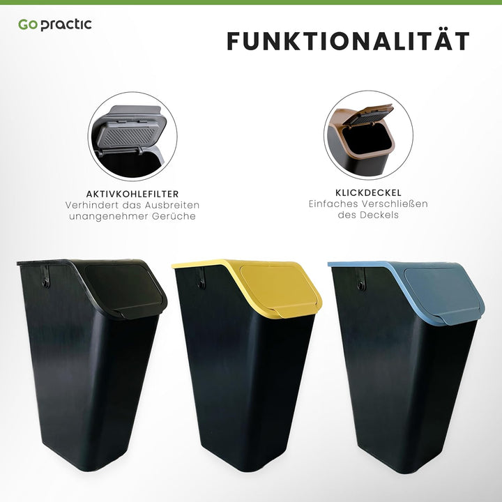 Go Practic 3-er Mülleimer-Set Küche Mülltrennsystem 3x Mülleimer 35l mit Deckel Stapelbar CLICK-Funk