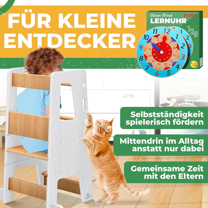 KIDIZ® Lernturm für Kinder ab 1 Jahr inkl. Lernuhr | 3-stufig Höhenverstellbarer Tritthocker aus Kie