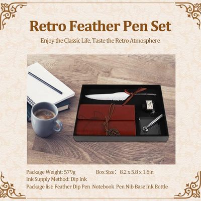 Feather Quill Pen Set, Retro Leder Notizbuch Feather Dip Pen Tintenflasche Set Briefpapier Geschenkb