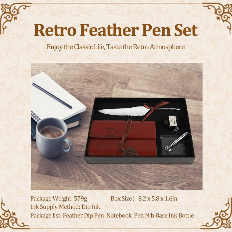 Feather Quill Pen Set, Retro Leder Notizbuch Feather Dip Pen Tintenflasche Set Briefpapier Geschenkb