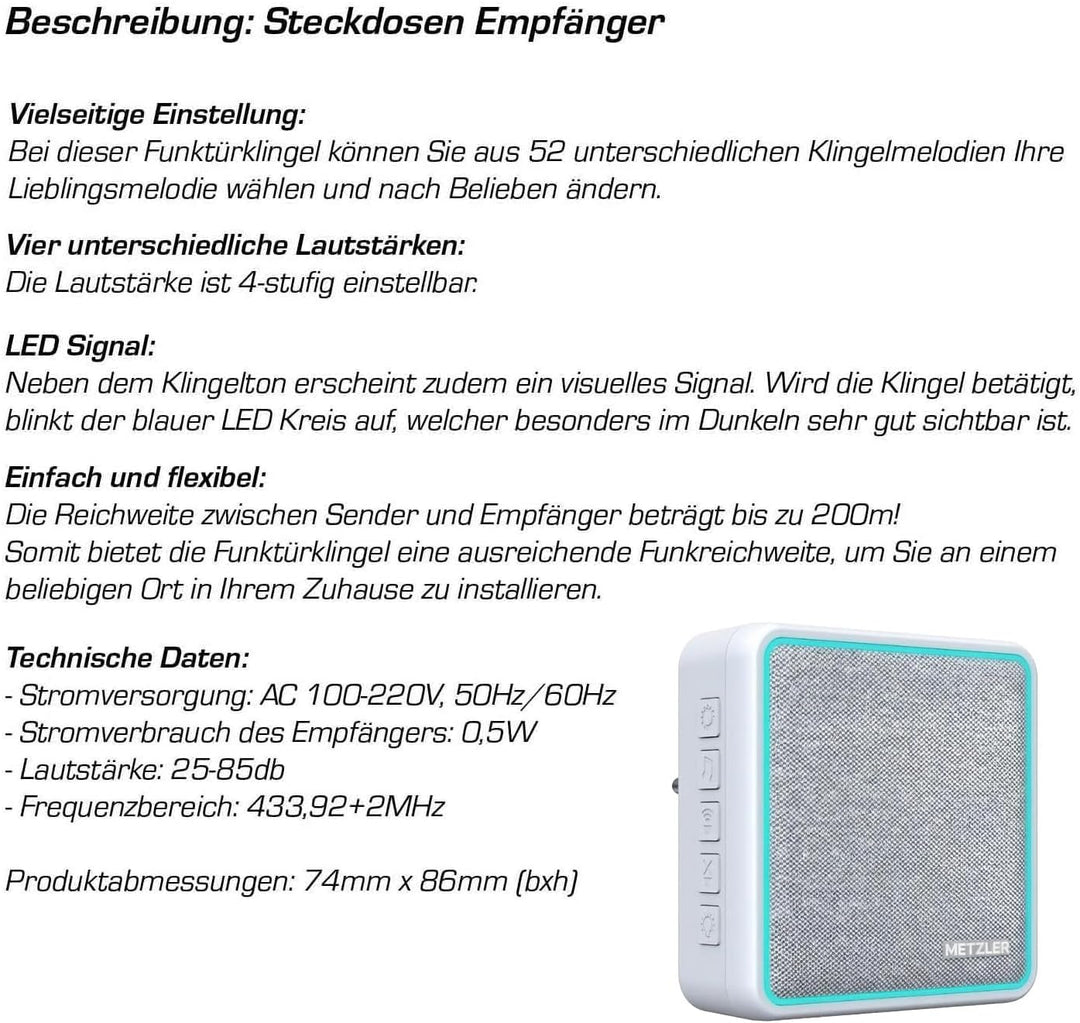 Metzler Kabellose Funkklingel - hohe Reichweite - Edelstahl Design Türklingel inkl. Empfänger, wasse