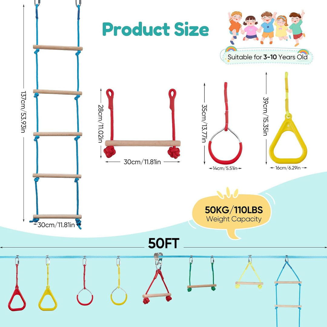 Ninja Slackline Set für Kinder, 15m (50FT) Outdoor Hindernisparcours mit Klettergerüst, Ringen, Seil