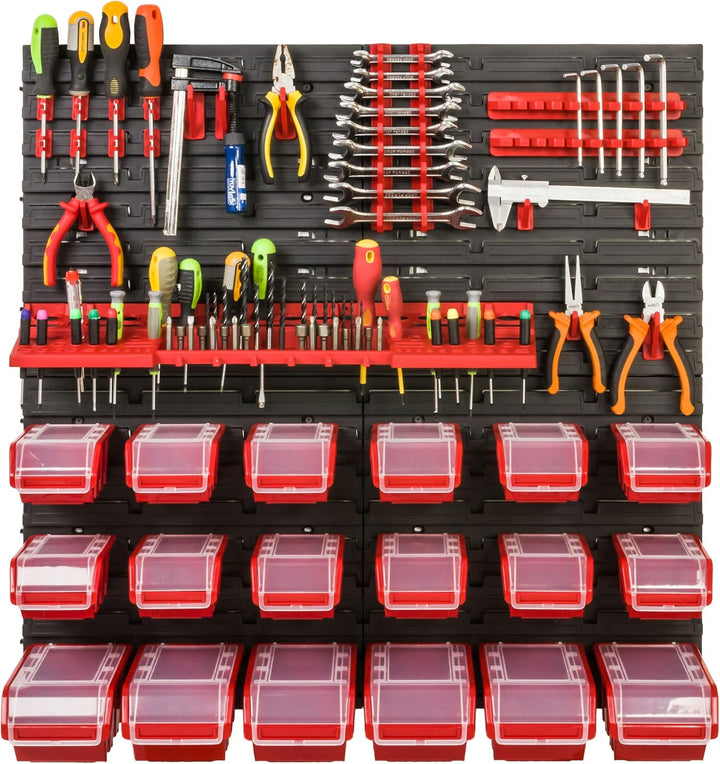 Lagersystem Werkstattregal | 78 x 78 cm | 18 stck. Box | Wandregal mit Werkzeughalterungen und Stape