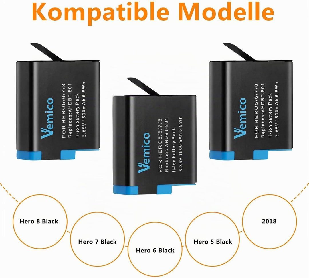 Vemico Hero 8 Akku Ladegerät Kit 3 Pack 1500 mAh ErsatzAkku 3 Kanal Ladebox Typ-C USB Mit Einem Schu
