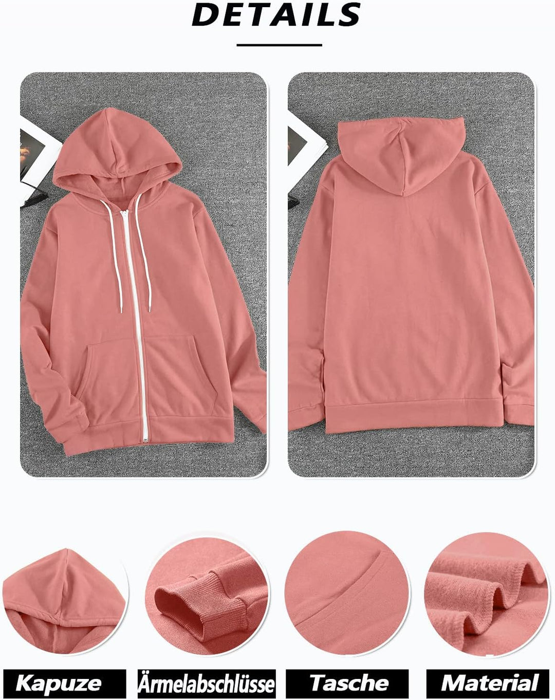 Uusollecy Damen Sweatjacke Hoodie Sweatshirtjacke Pullover Oberteile Kapuzenpullover Einfarbig Full