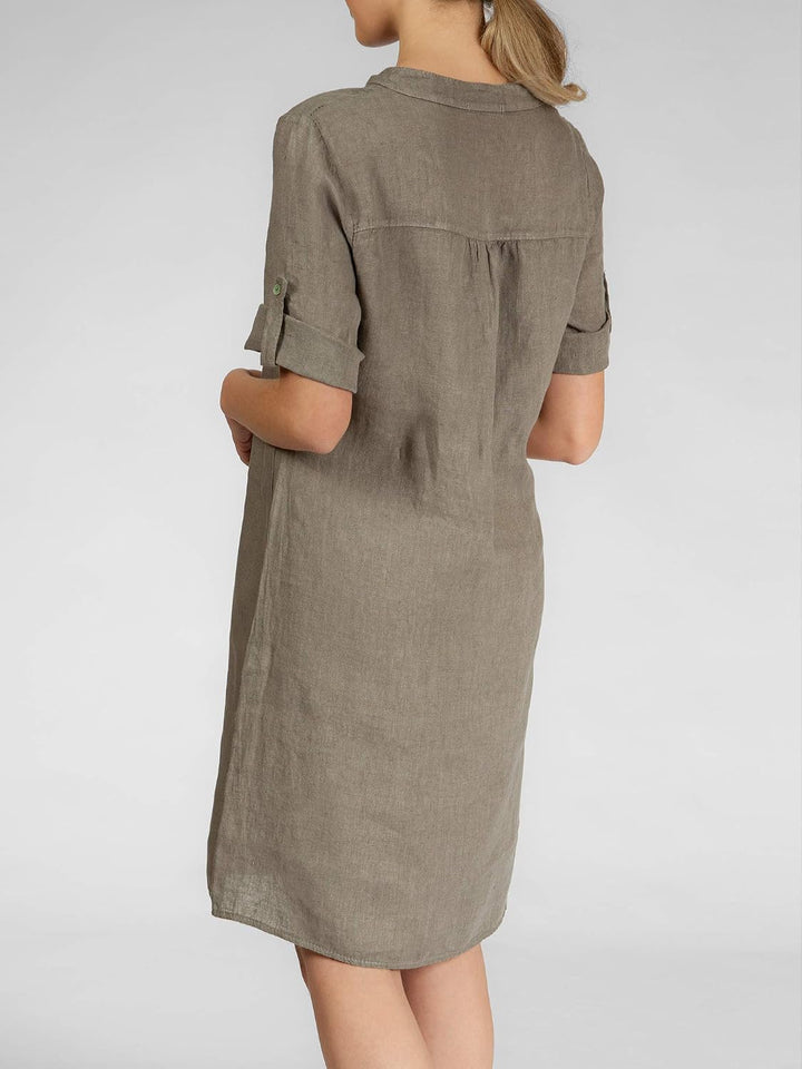 Caspar SKL037 stylisches knielanges Damen Sommer Leinenkleid mit Reissverschluss Ausschnitt 36 Taupe