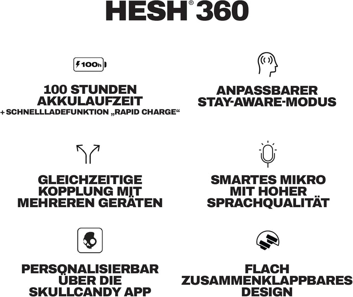 Skullcandy Hesh 360 Wireless Over-Ear Bluetooth Headphones, Up to 100 Hours Battery, Noise Isolating