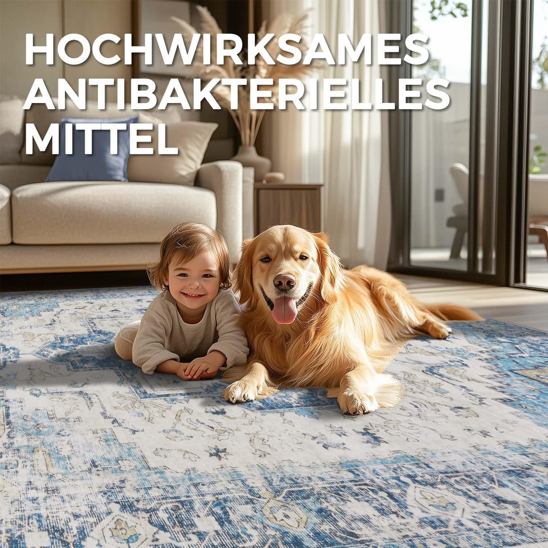 TOPICK Teppich 90x150cm Fussmatte Waschbar Fussmatte Innen Kurzflor Retro Blau Blume Orientalischer