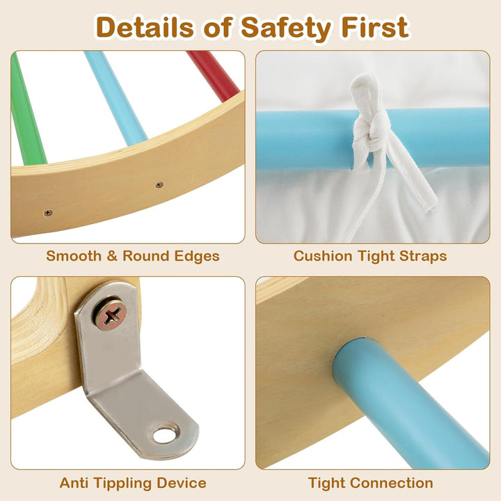 HOMASIS Kletterbogen mit Kissen, Holz Klettergerüst Indoor, Montessori Holzwippe Bogenwippe zum Wipp