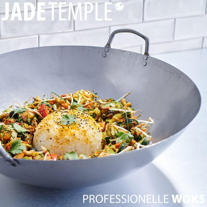 JADE TEMPLE Wok aus Carbonstahl, mit rundem Boden und 45 cm Durchmesser, mit Doppelgriff, Grau