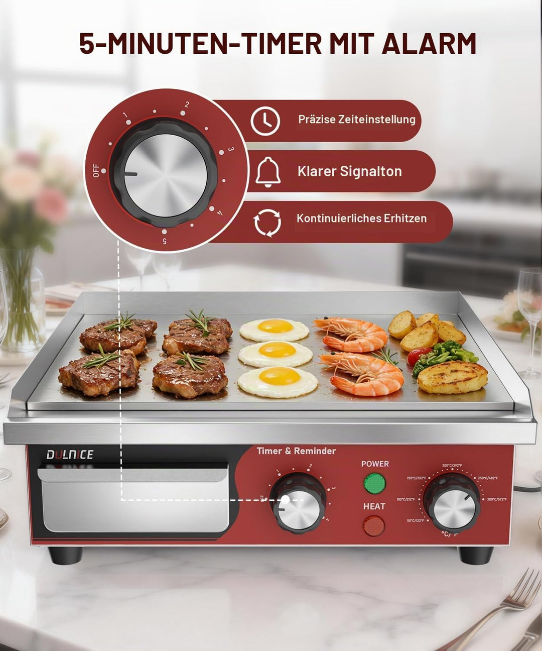 Grillplatte Elektrisch Gastro 36cm,1700W Elektrische Grillplatte Edelstahl mit 5-Minuten-Erinnerungs