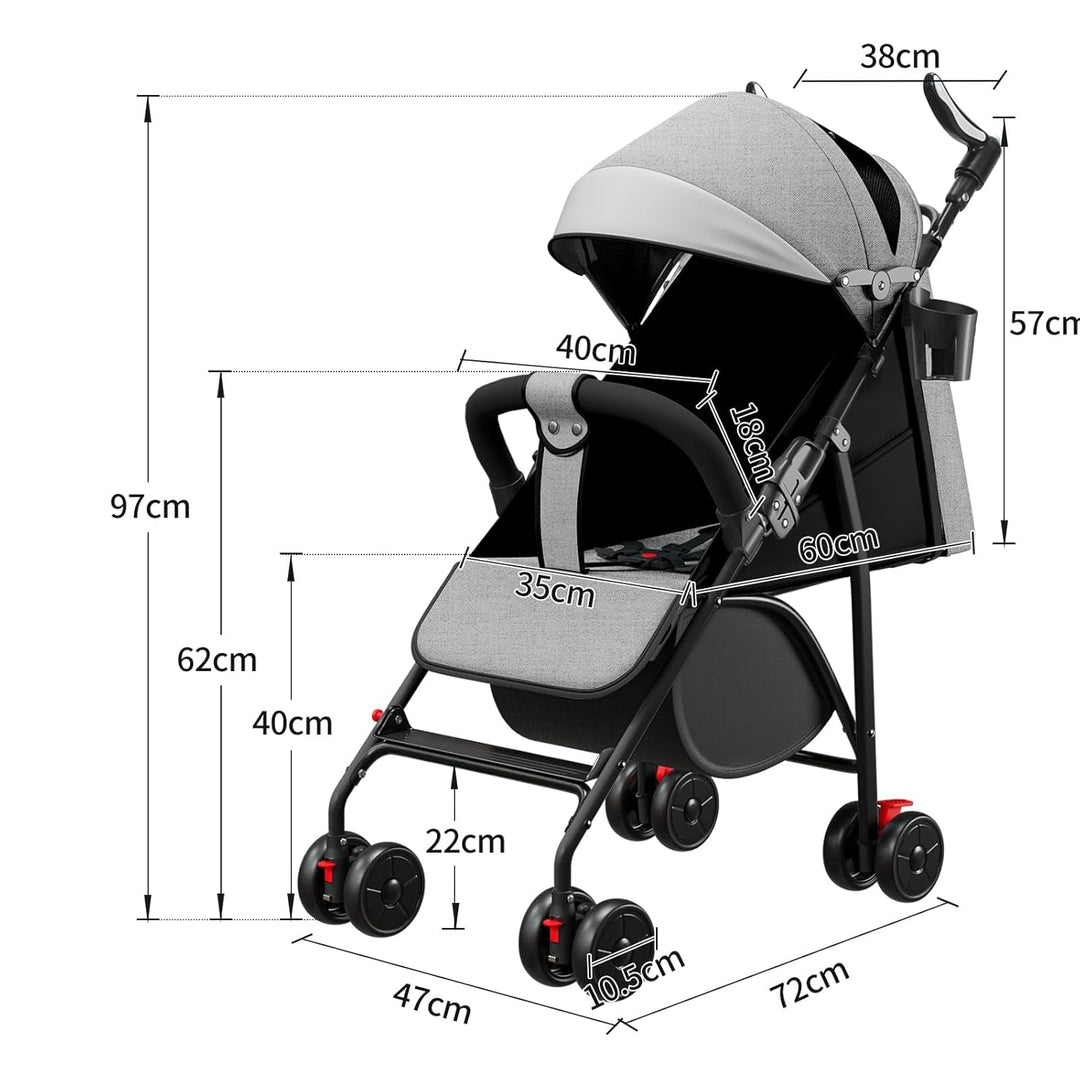 Kompakter Kinderwagen, 0 – 36 Monate, faltbar, mit Aufbewahrungskorb, Rückenlehne, neigbare Rückenle