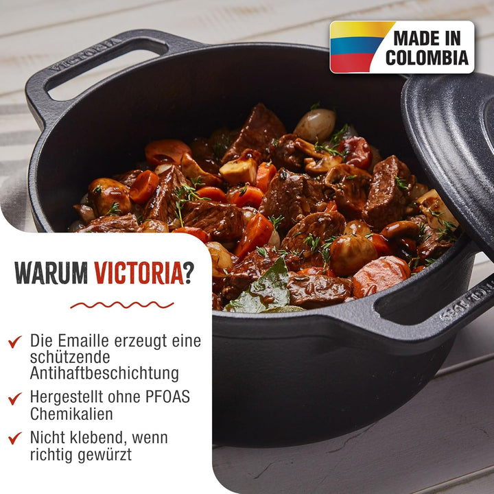 Victoria Dutch Oven Gusseisen Emailliert, Induktion 29cm, Topf Brot Backen 6,6 L, PTFE und PFOA Frei