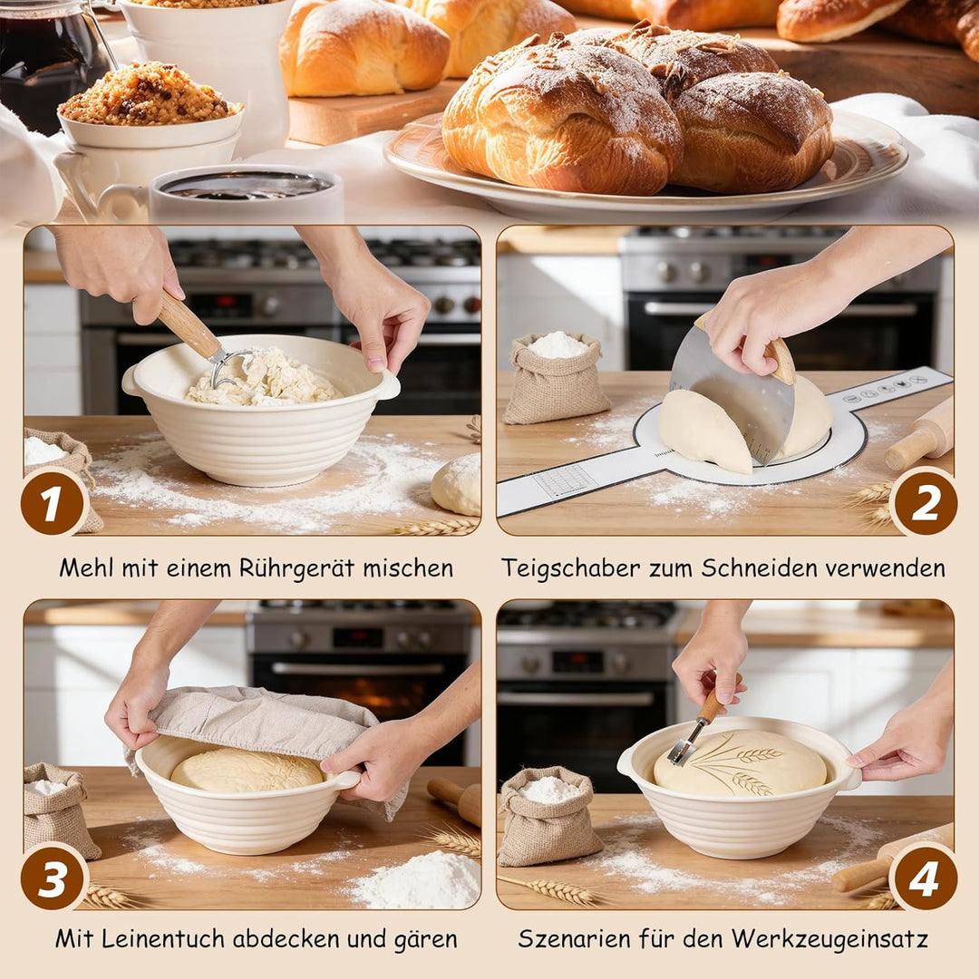 Gärkörbchen Gärkorb Set 25 cm Runde & 23cm Oval,Brot Backen Zubehör,Brot Gärkorb mit 5 Bäckermesser,